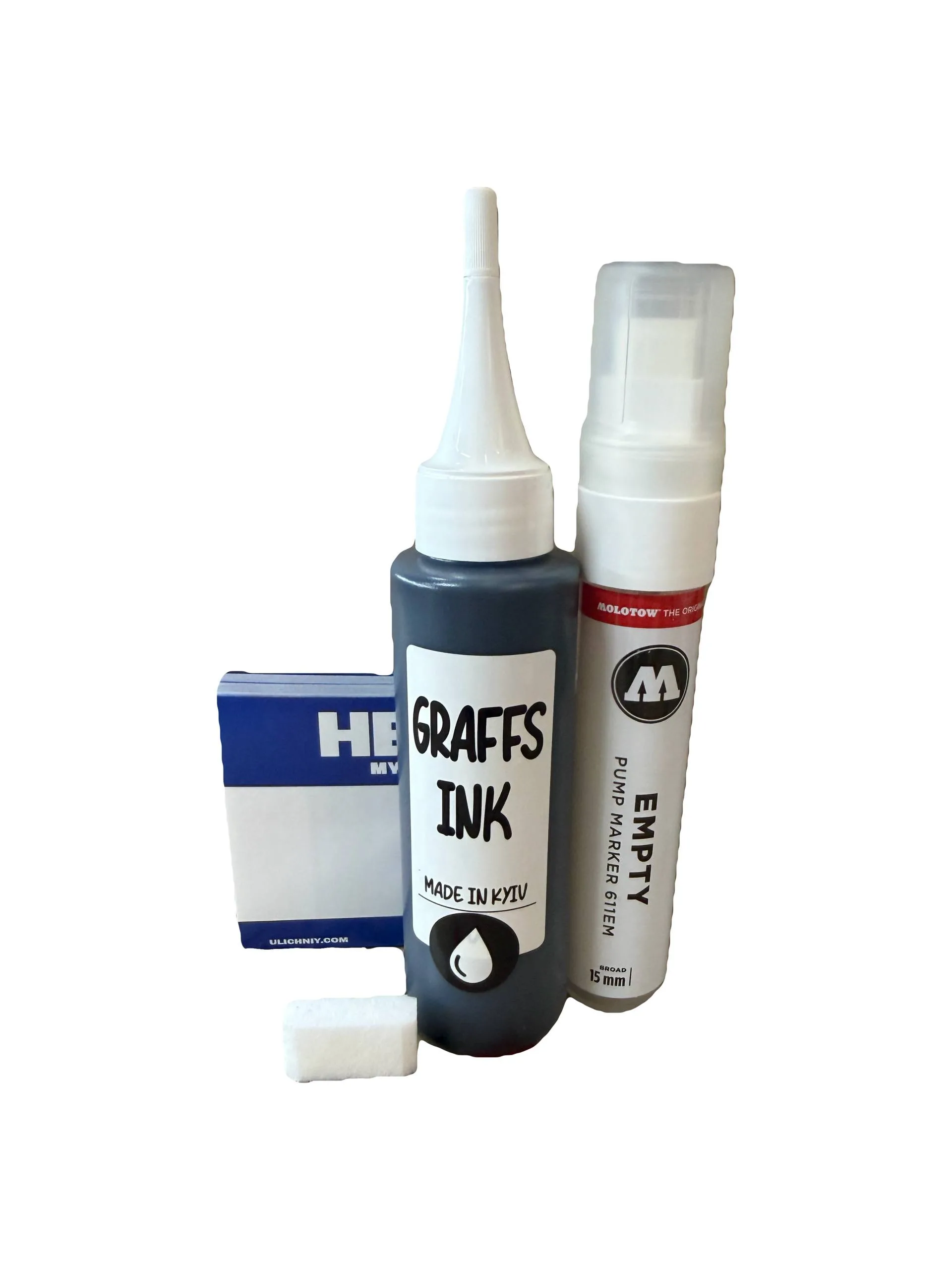 Набір Molotow 611em Порожній + Заправка Graffs Ink 200мл Чорна + Змінна насадка 15мм + 100 Стікерів Hello My Name Is
