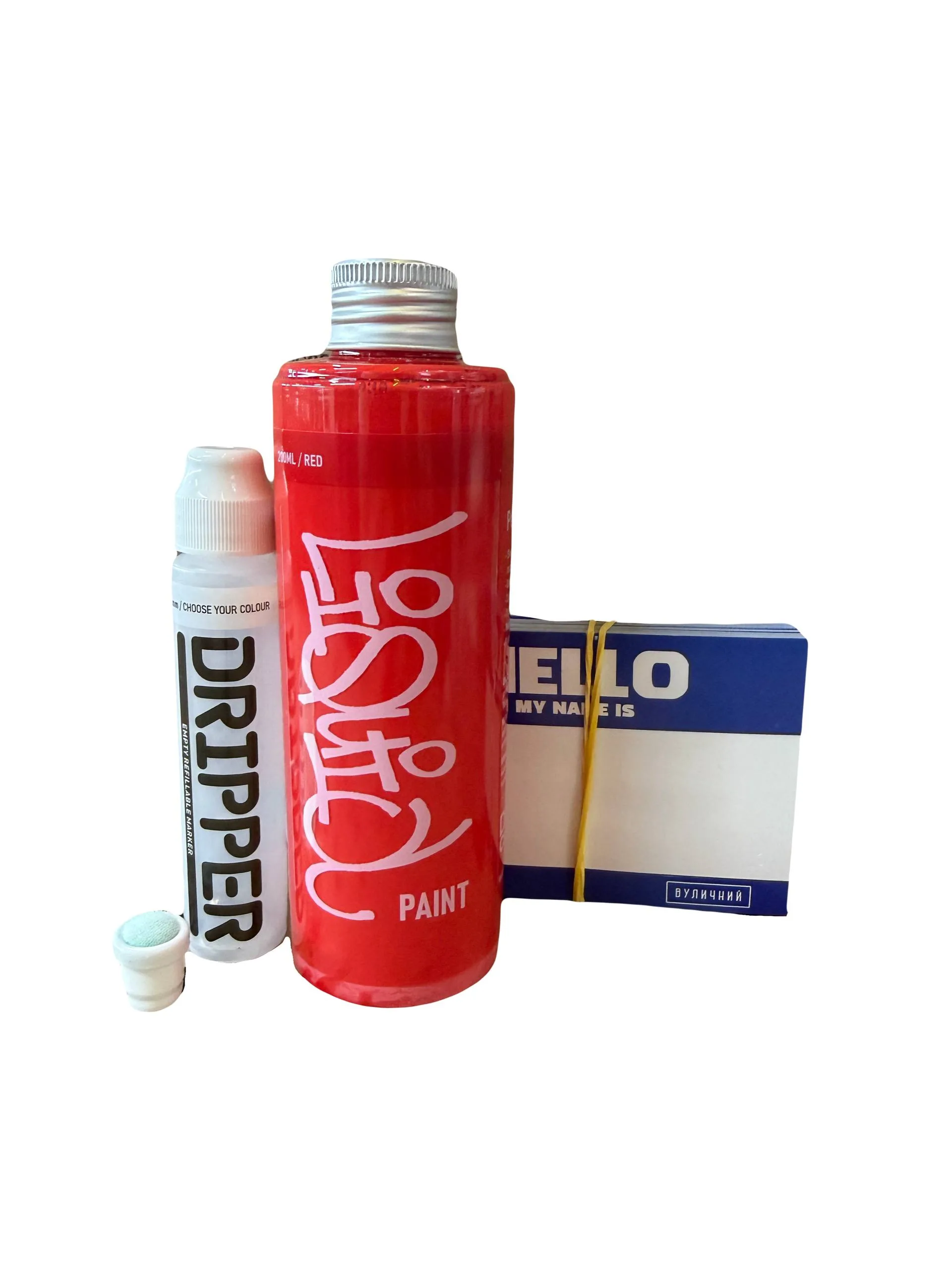Набір Заправка Dope Liquid Paint 200мл + Dope Dripper 10мм Порожній + Змінна насадка 10мм + 100 стікерів Hello My Name Is